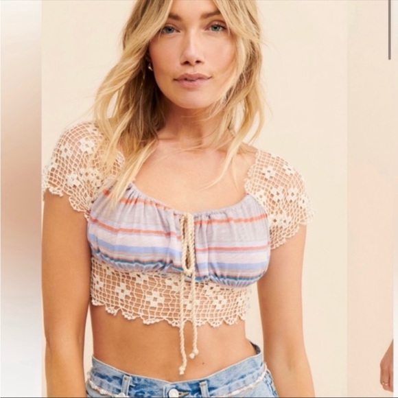 Free People Tops - FREE PEOPLE Flawed Aruba Crochet Lace Bohemian Style Striped Crop Top Size M